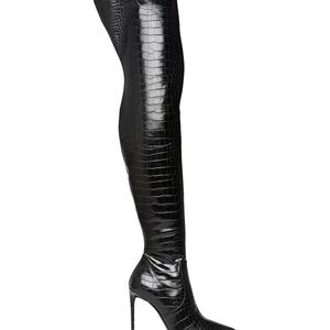Black Over-the-Knee Croc-Embossed Boots